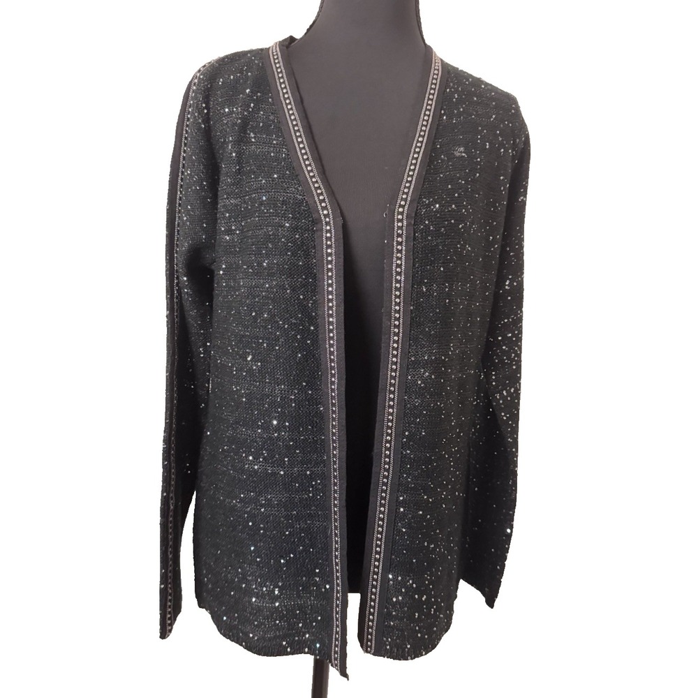 Sioni Black Sequin Open Front S‎ Cardigan Holiday Sweater Stud Trim Evening Knit